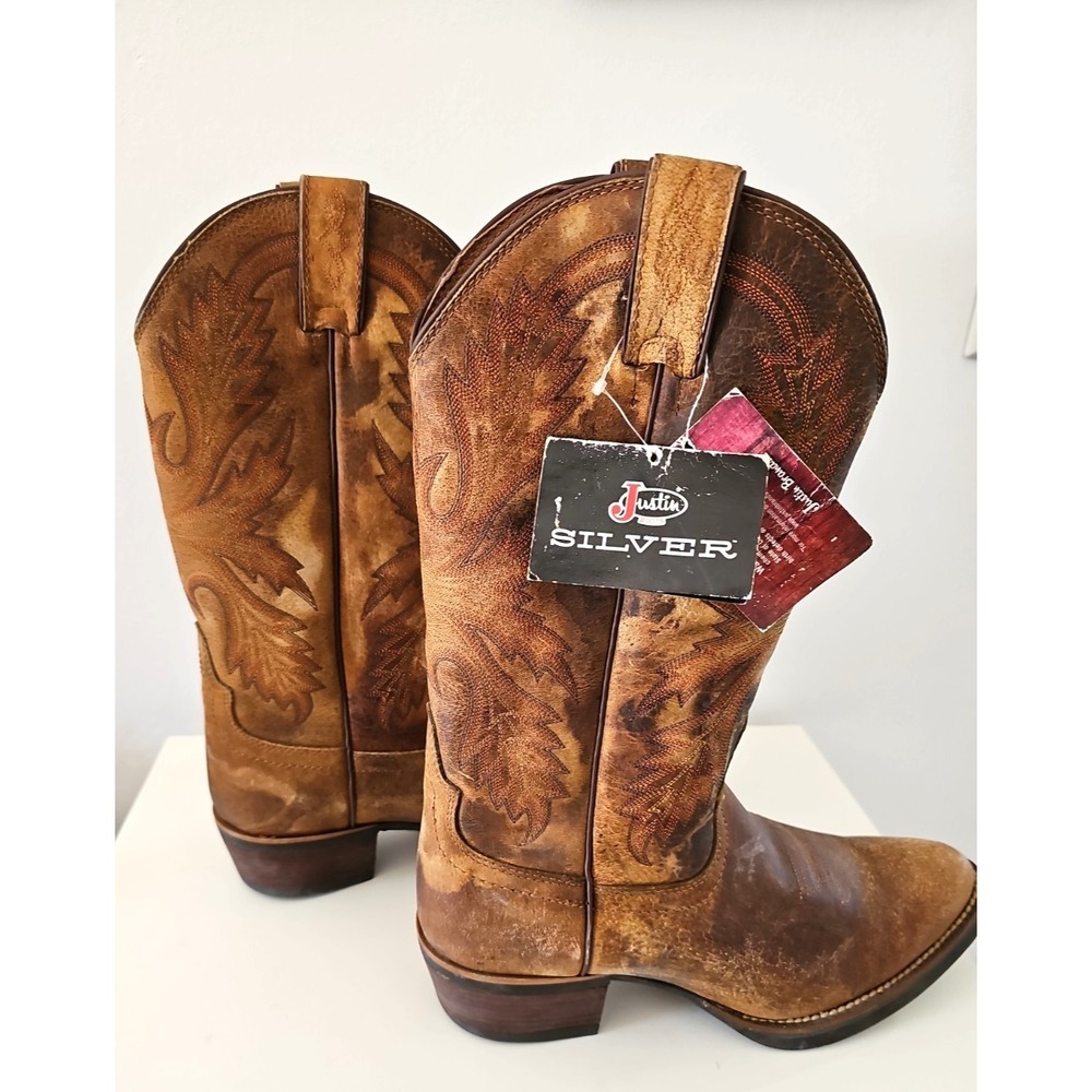Justin Silver Men 8.5 D Western Cowboy Boots Brown Distressed Leather SV2564 NWT